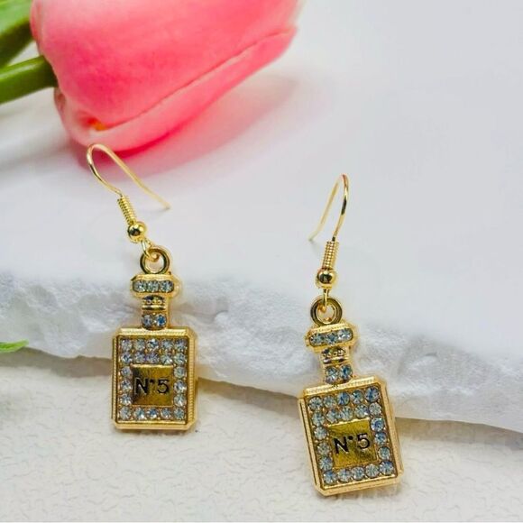 New Gold Perfume Bottle Crystal Earrings - Picture 3 of 8